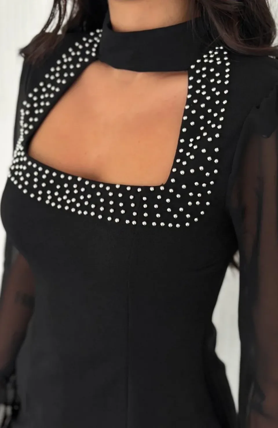 Penye Uzun Kollu Kadın Kolları Şifon Göğüste İnci Boncuk detaylı Bluz - Siyah