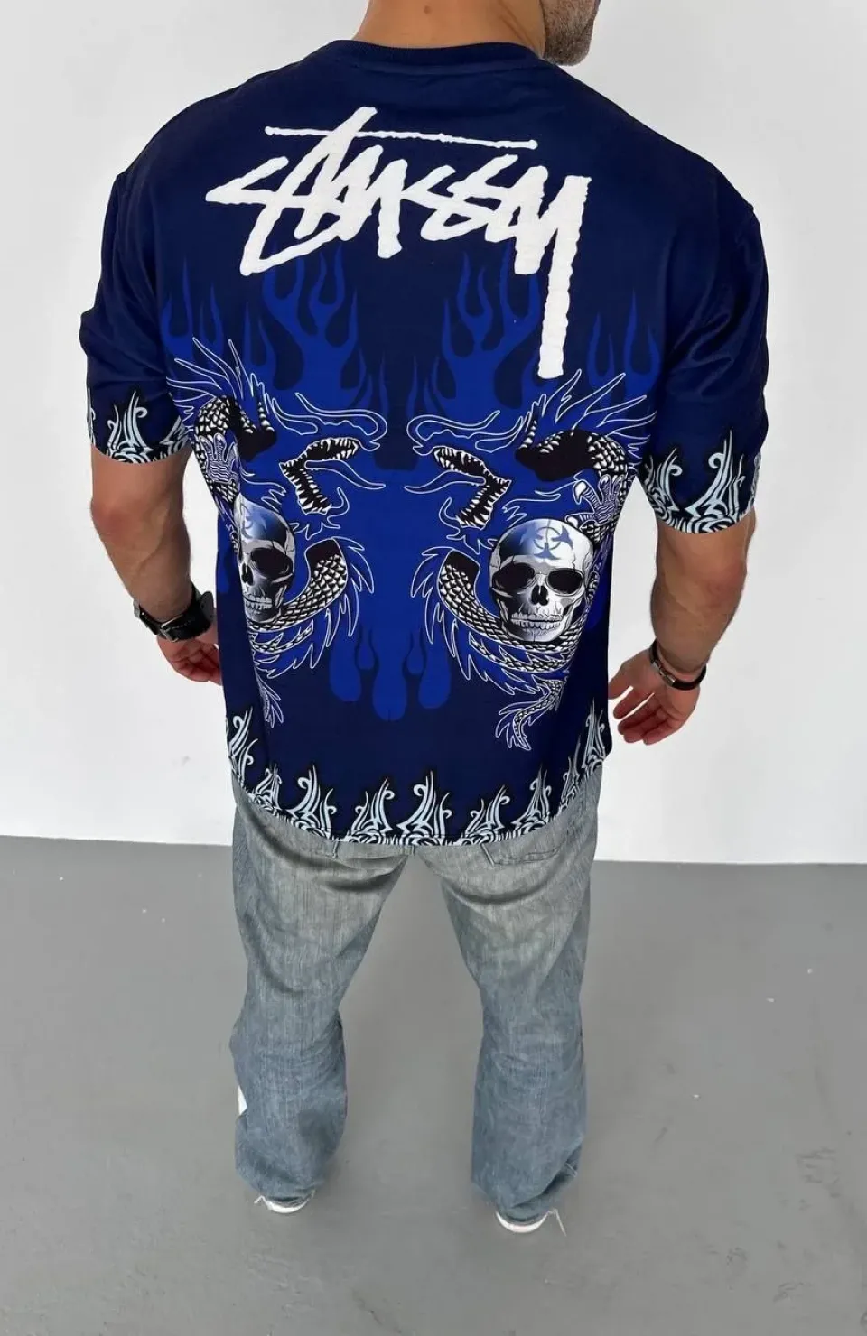 Unisex Bisiklet Yaka Baskılı Oversize T-Shirt - Lacivert