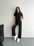 Osy Modal Yumuşak Dokulu Kumaş Kısa Kollu Yakalı T-shirt Pantalon ikili Takım- Siyah
