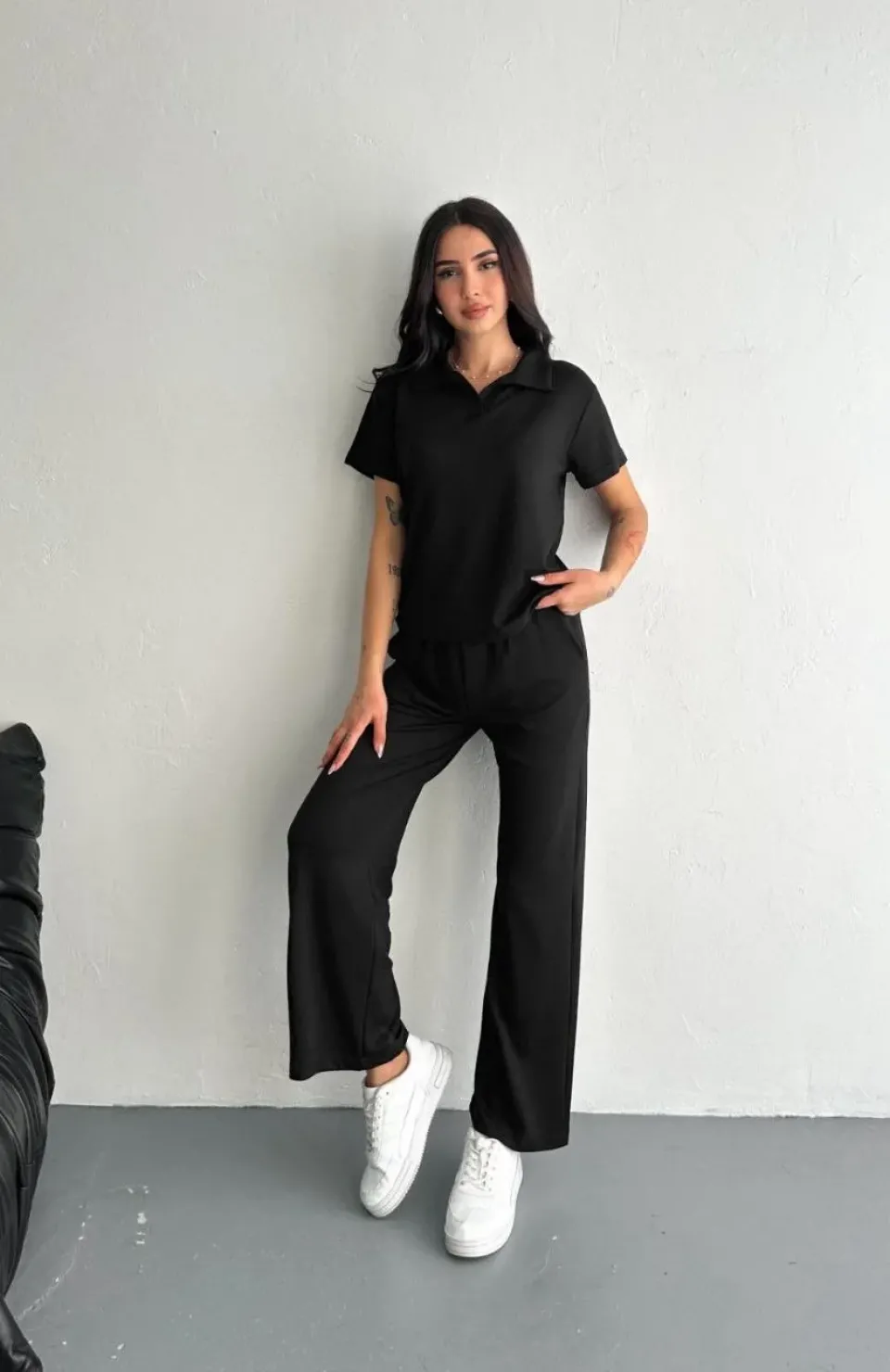 Osy Modal Yumuşak Dokulu Kumaş Kısa Kollu Yakalı T-shirt Pantalon ikili Takım- Siyah