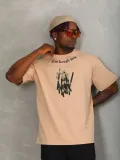 Unisex Oversize Baskılı Bisiklet Yaka T-Shirt - Bej