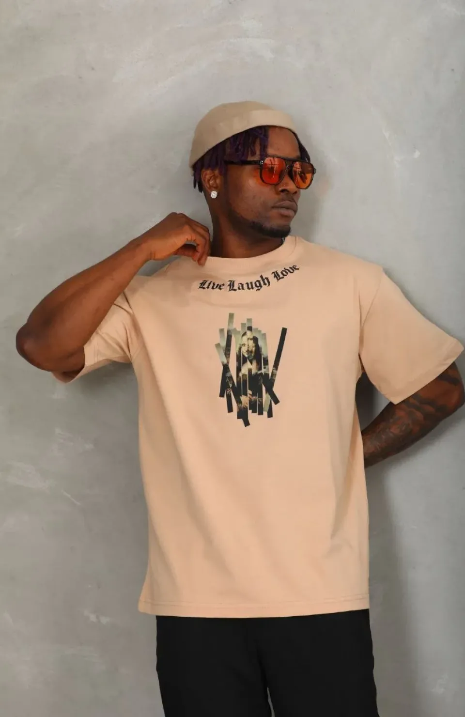 Unisex Oversize Baskılı Bisiklet Yaka T-Shirt - Bej