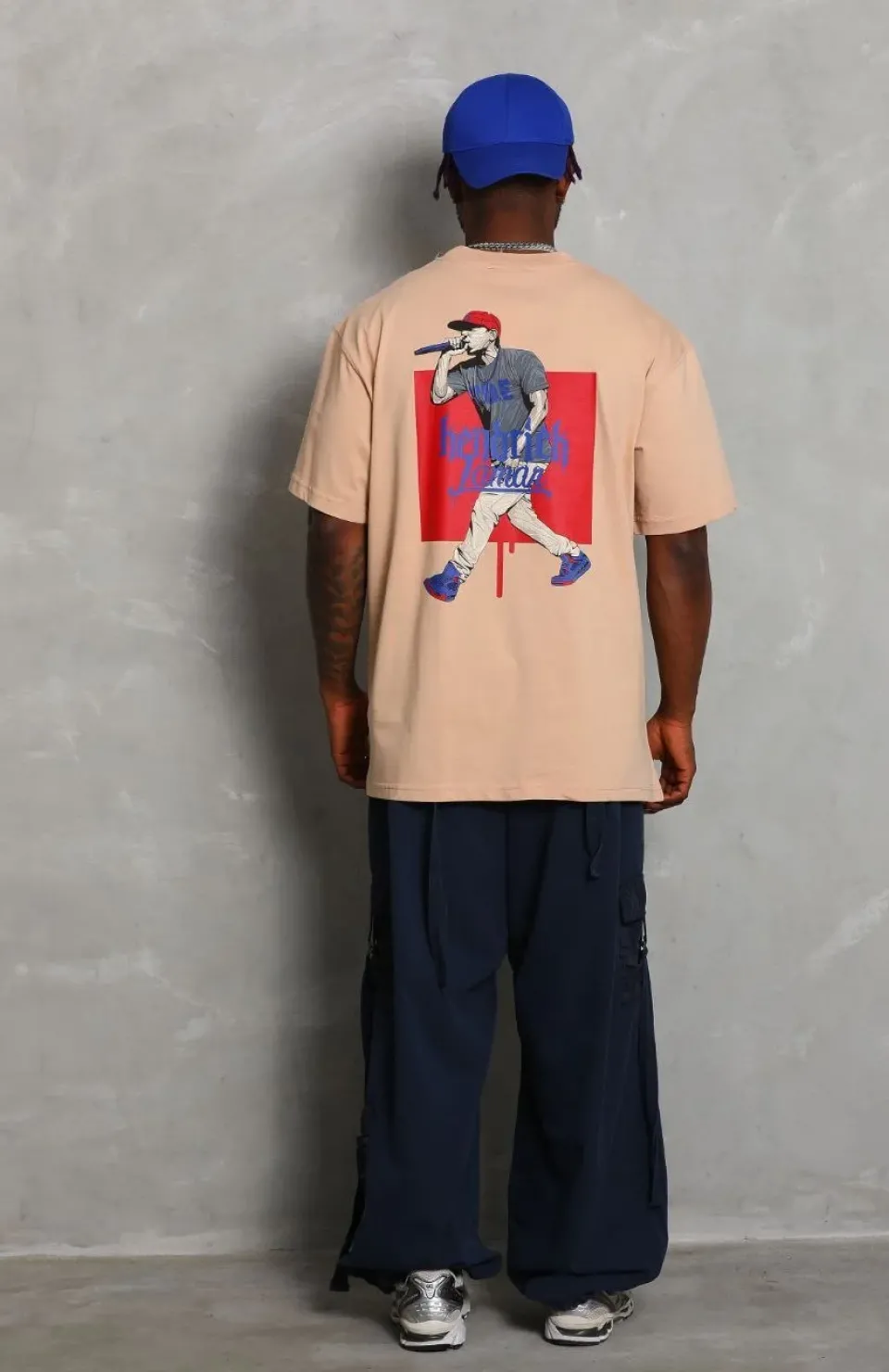 Unisex Oversize Baskılı Bisiklet Yaka T-Shirt - Bej