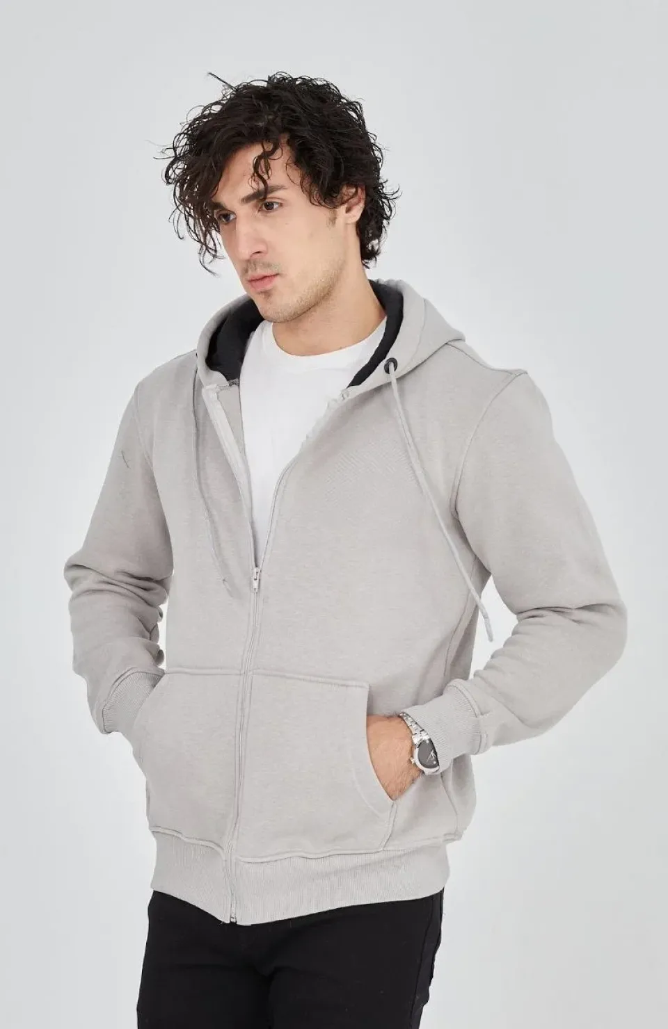 Unisex Tam Fermuarlı Kapşonlu  SweatShirt - Boyalı Gri Somersan Giyim | Kadın, Erkek ve Çocuk Moda