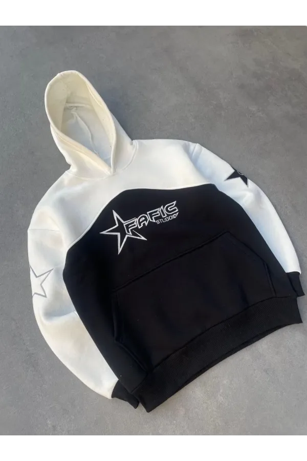 Parçalı Nakış İşlemelı Kapüşonlu SweatShirt - Beyaz