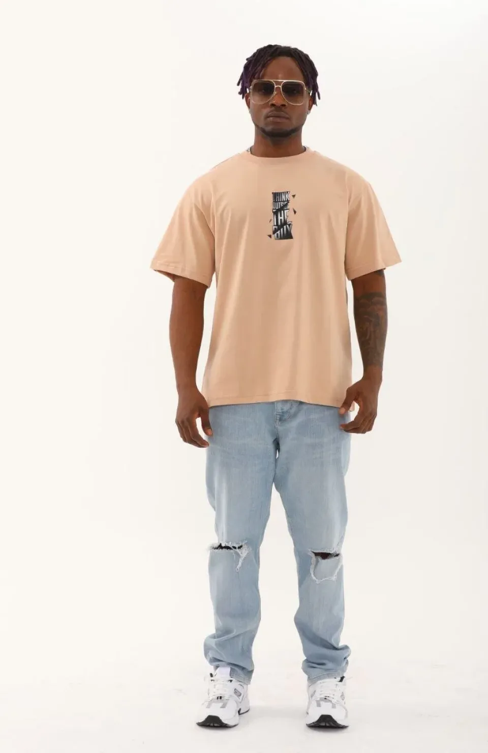 Unisex Oversize Baskılı Bisiklet Yaka T-Shirt - Bej