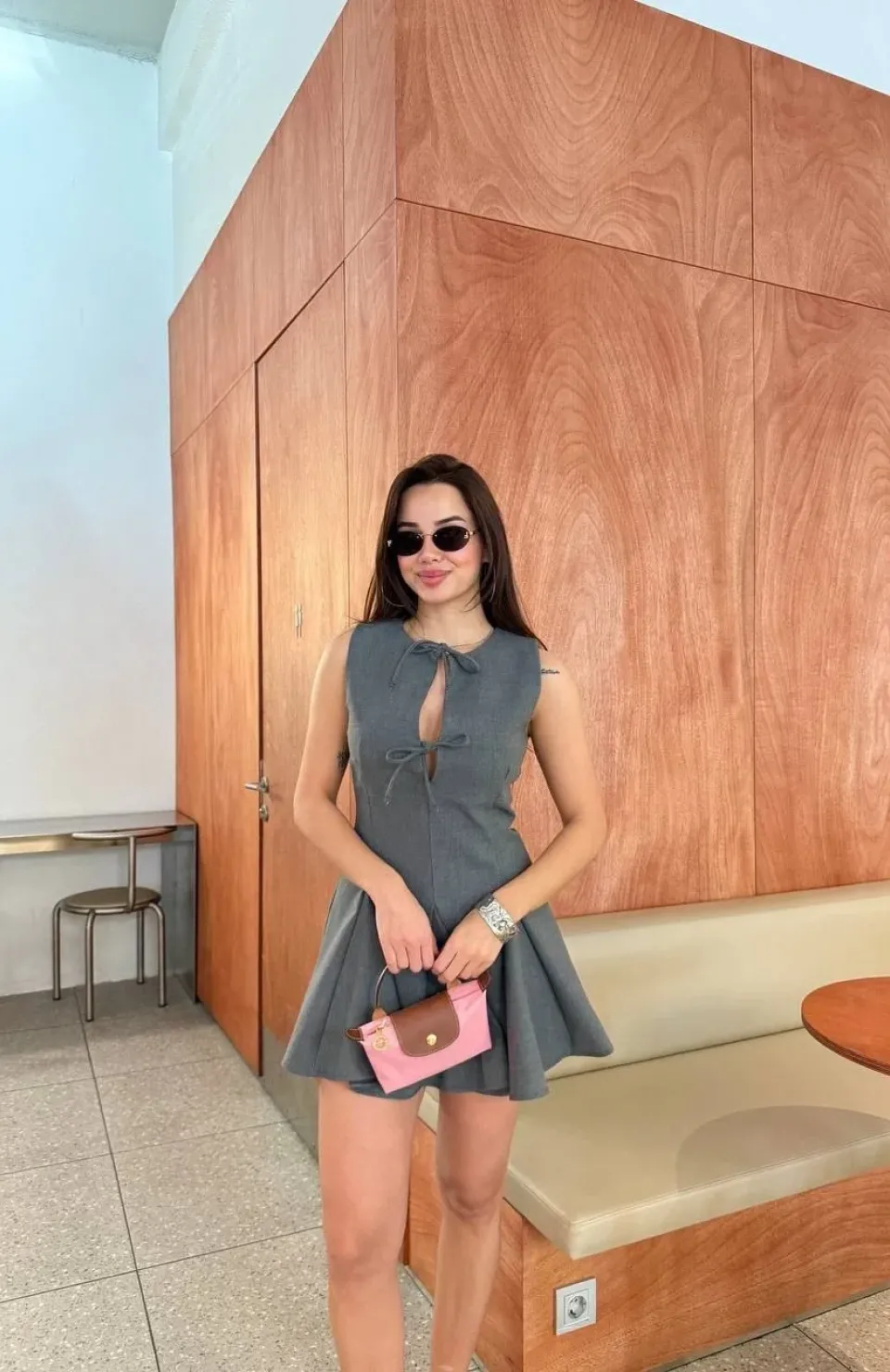 Bağcık detaylı Kolsuz Mini Elbise - Antrasit