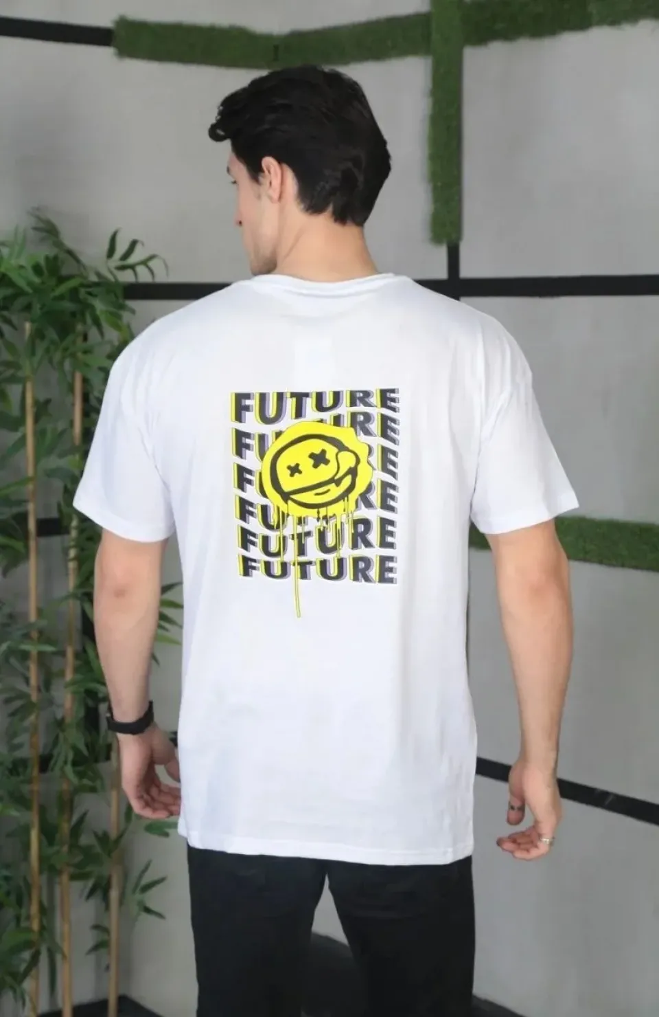 Unisex Bisiklet Yaka Baskılı Oversize T-Shirt - Beyaz