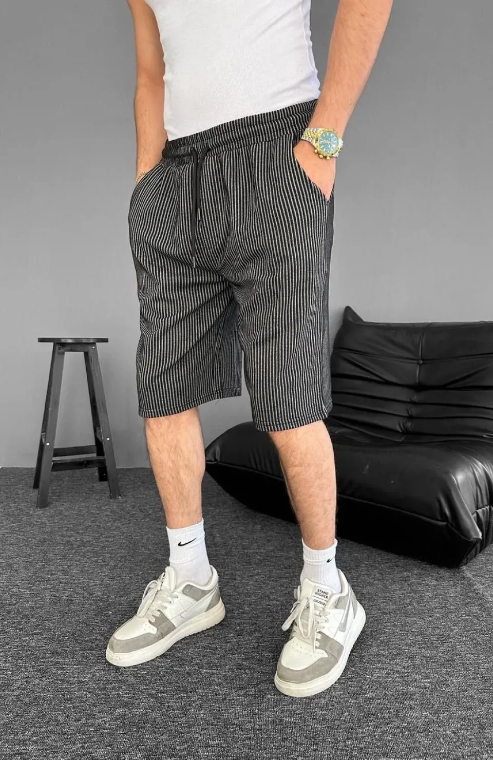 Su Yolu Çizgili Ön Arka Cepli Şort Yazlık Nefes Alabilir - Siyah