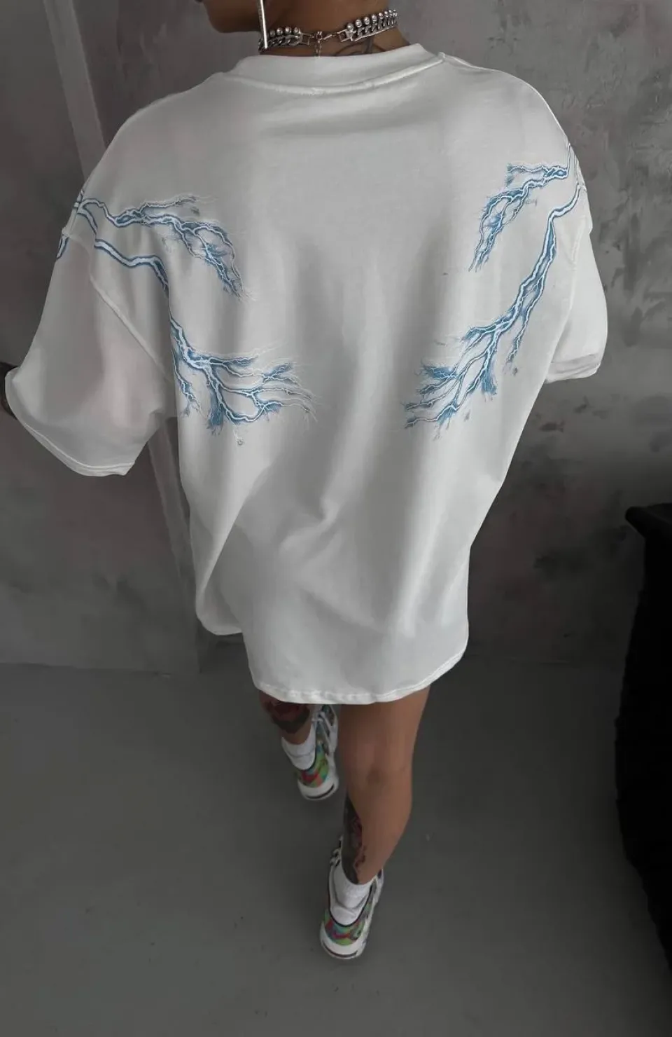 Unisex Bisiklet Yaka Baskılı Oversize T-Shirt - Beyaz