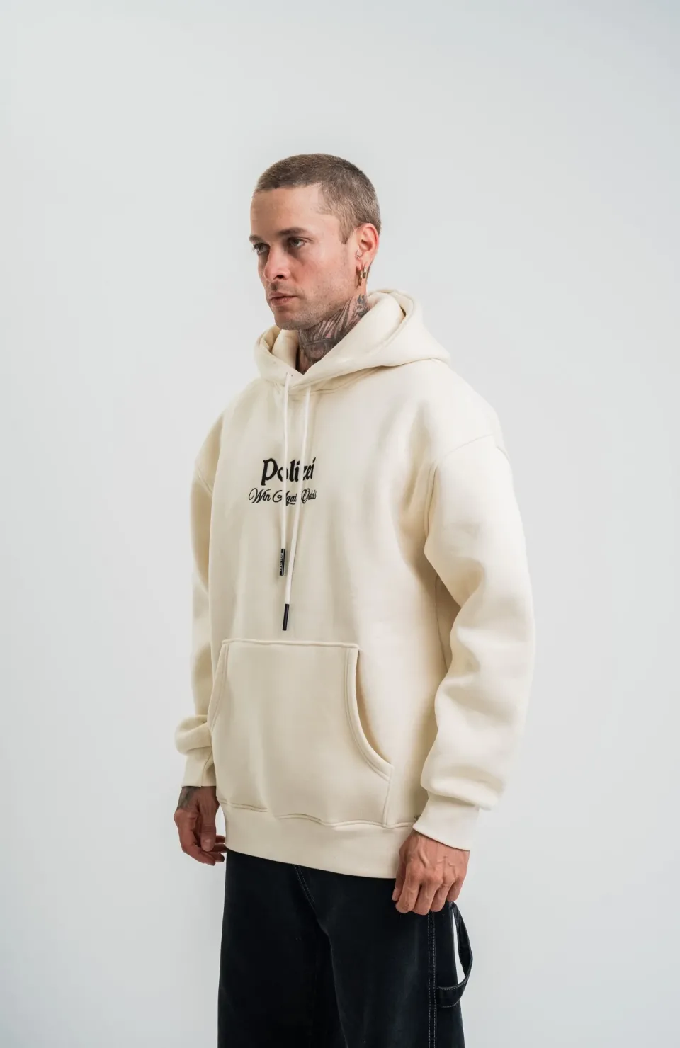 Üç İplik Kapşonlu Dijital Patchli SweatShirt - Krem