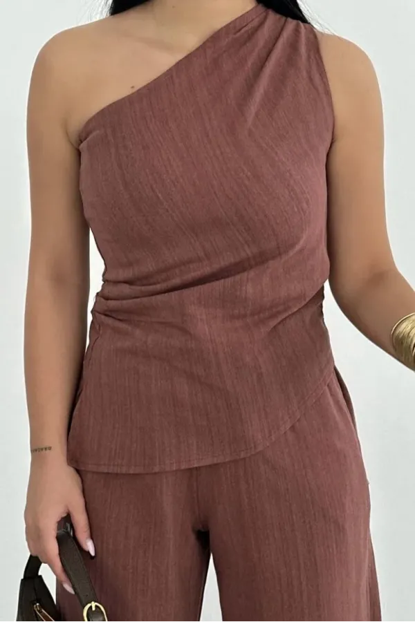 Kadın Keten Asimetrik Tek Omuzlu Bluz Pantalon Takım- Bordo