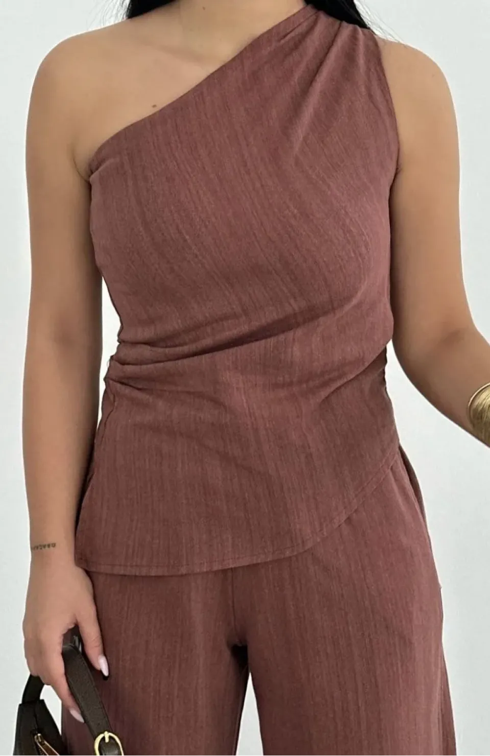 Kadın Keten Asimetrik Tek Omuzlu Bluz Pantalon Takım- Bordo