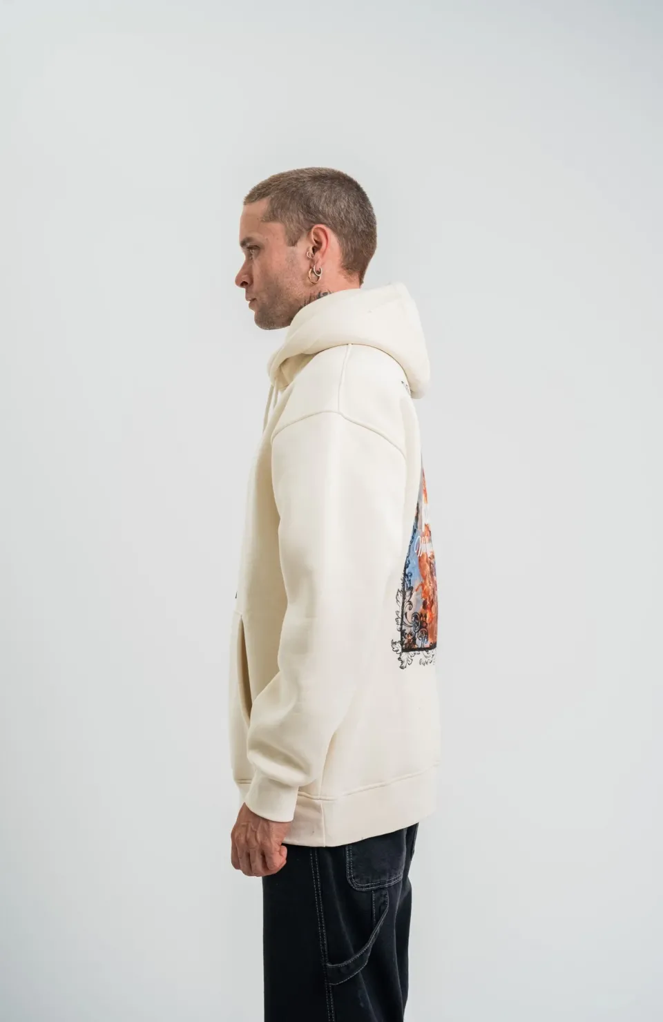 Üç İplik Kapşonlu Dijital Patchli SweatShirt - Krem