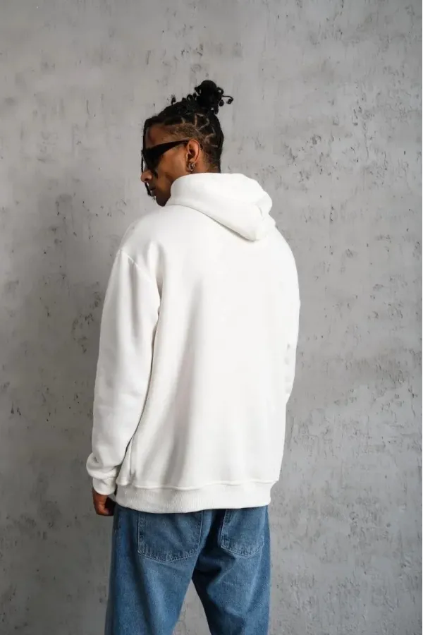 Erkek Oversize Kapüşonlu Sweatshirt – Beyaz Renk Üç İplik İçi Pamuklu Kanguru Cepli Baskılı Hoodie Rahat Kalıp Kışlık Günlük Kombinlere Uygun - Beyaz