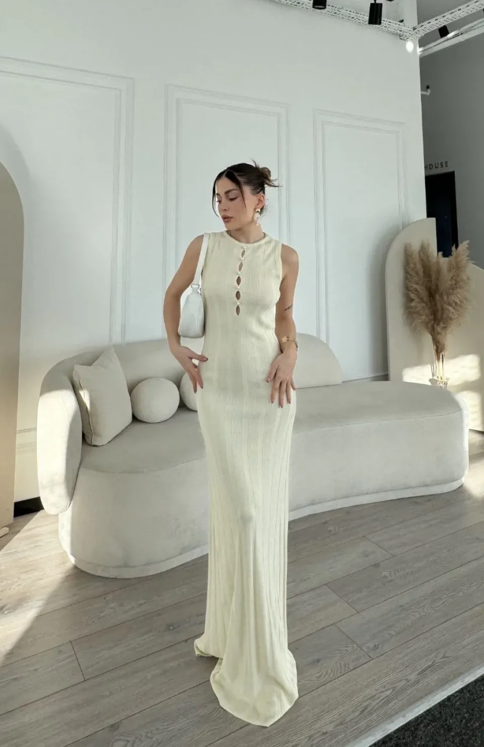 Kalın Fitilli Uzun Triko Elbise - Kırık Beyaz