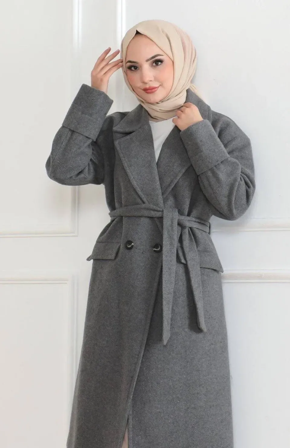 Beli Kuşaklı Yünlü Dokuma Kaşmir Kaban - Gri Somersan Giyim | Kadın, Erkek ve Çocuk Moda