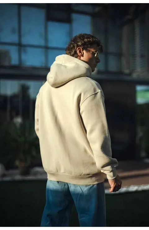 Üç İplik Penye kapüşonlu Basic SweatShirt - Bej