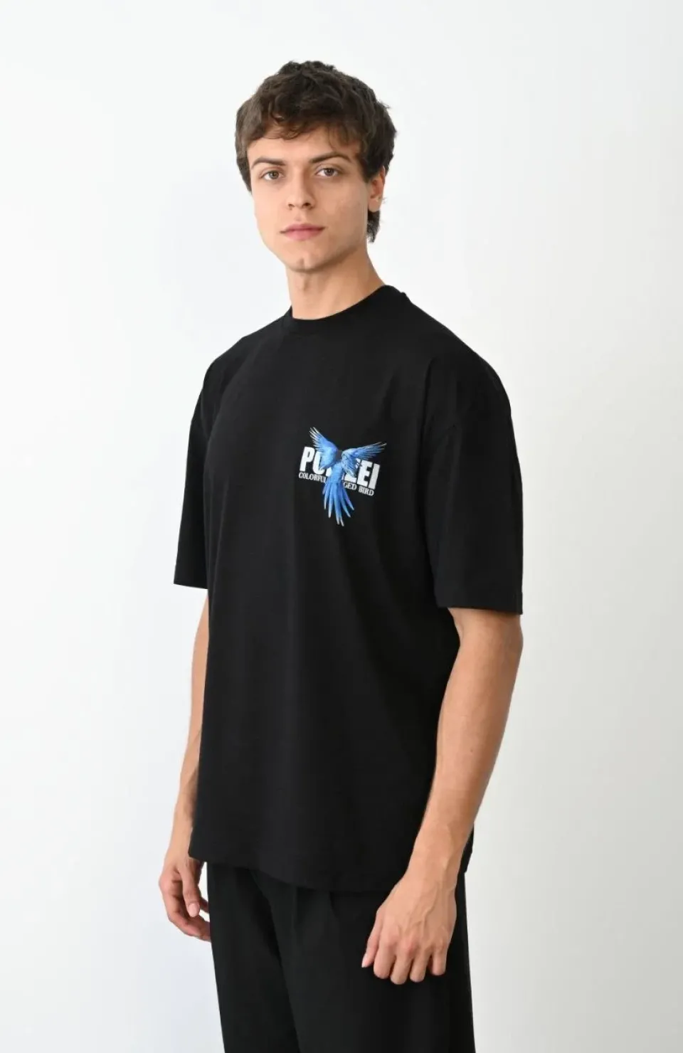 Unisex Bisiklet Yaka Baskılı Oversize T-Shirt - Siyah