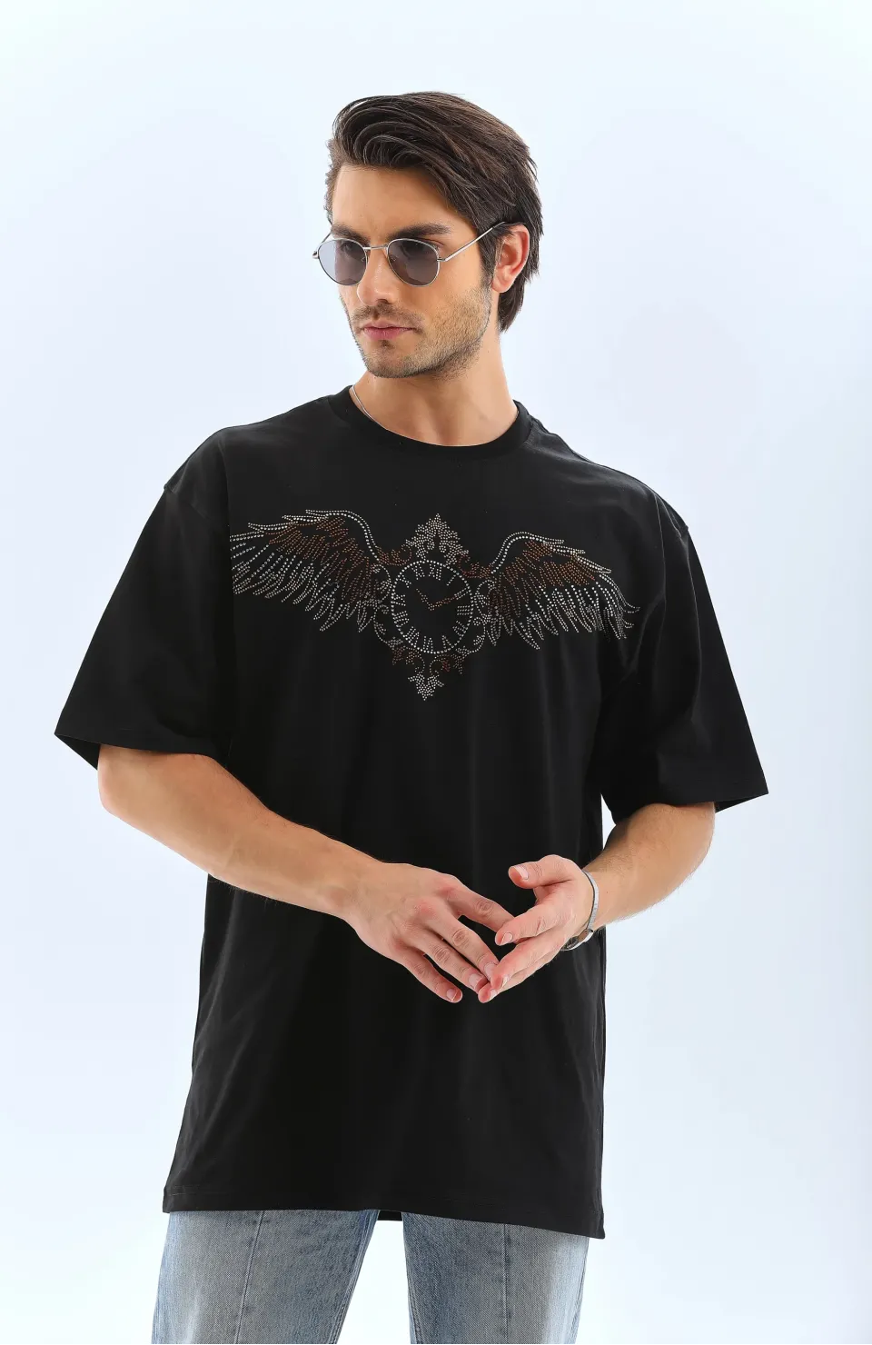 Unisex Oversize Taşlı Bisiklet Yaka T-Shirt - Siyah