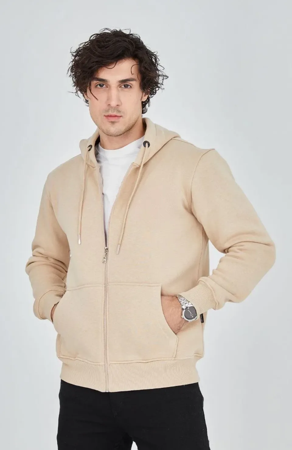 Unisex Tam Fermuarlı Kapşonlu  SweatShirt - Bej