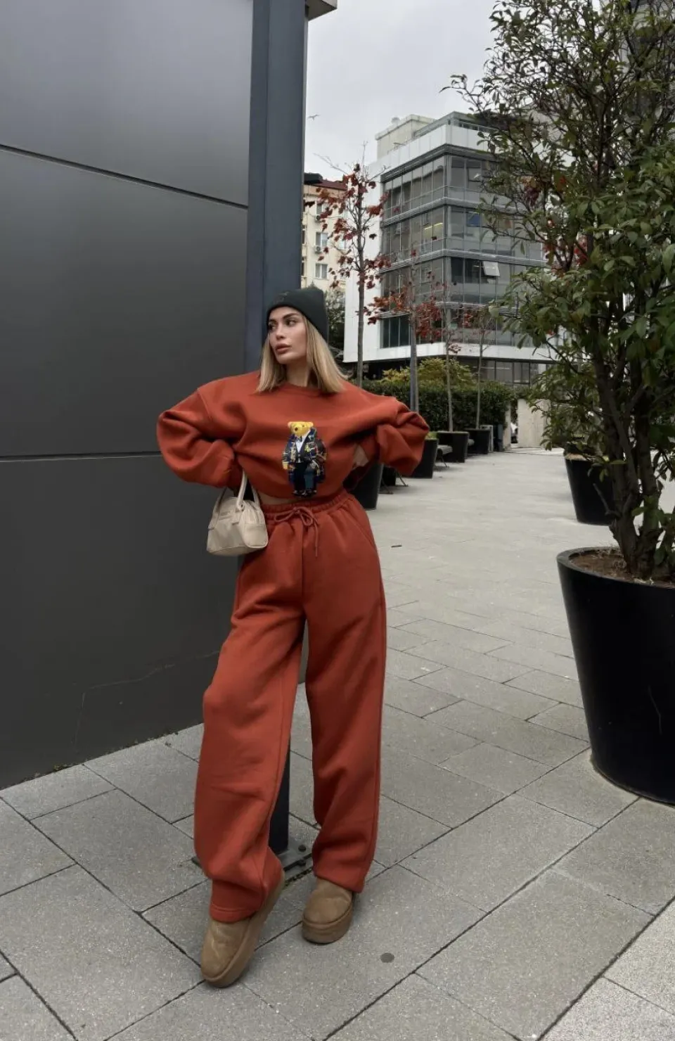 Bisiklet Yaka Üç İplik Sweat Takım - kiremit