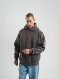 Unisex Uzun Kol Kapşonlu Yıkamalı Nakışlı SweatShirt - Füme