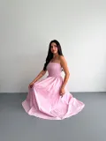 Straplez Pileli Elbise - Pembe