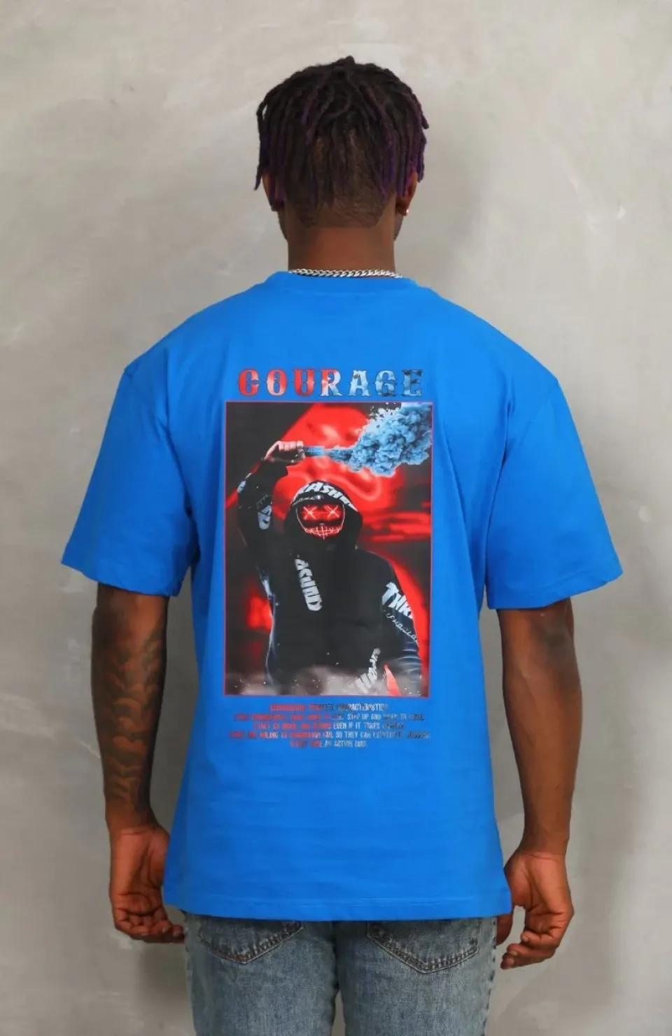 Unisex Oversize Baskılı Bisiklet Yaka T-Shirt - Mavi