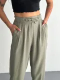 Kadın Yüksel Bel Beli Bağcıklı Cepli Rahat Paça Pantalon - Su Yeşili