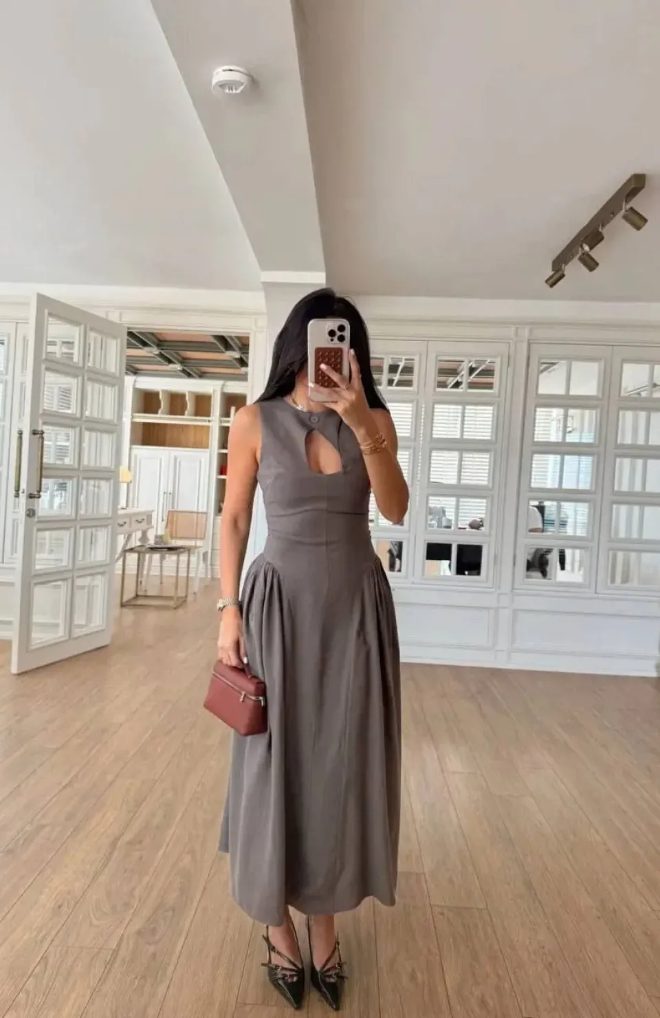 Kolsuz Uzun Kabardin Elbise - Gri
