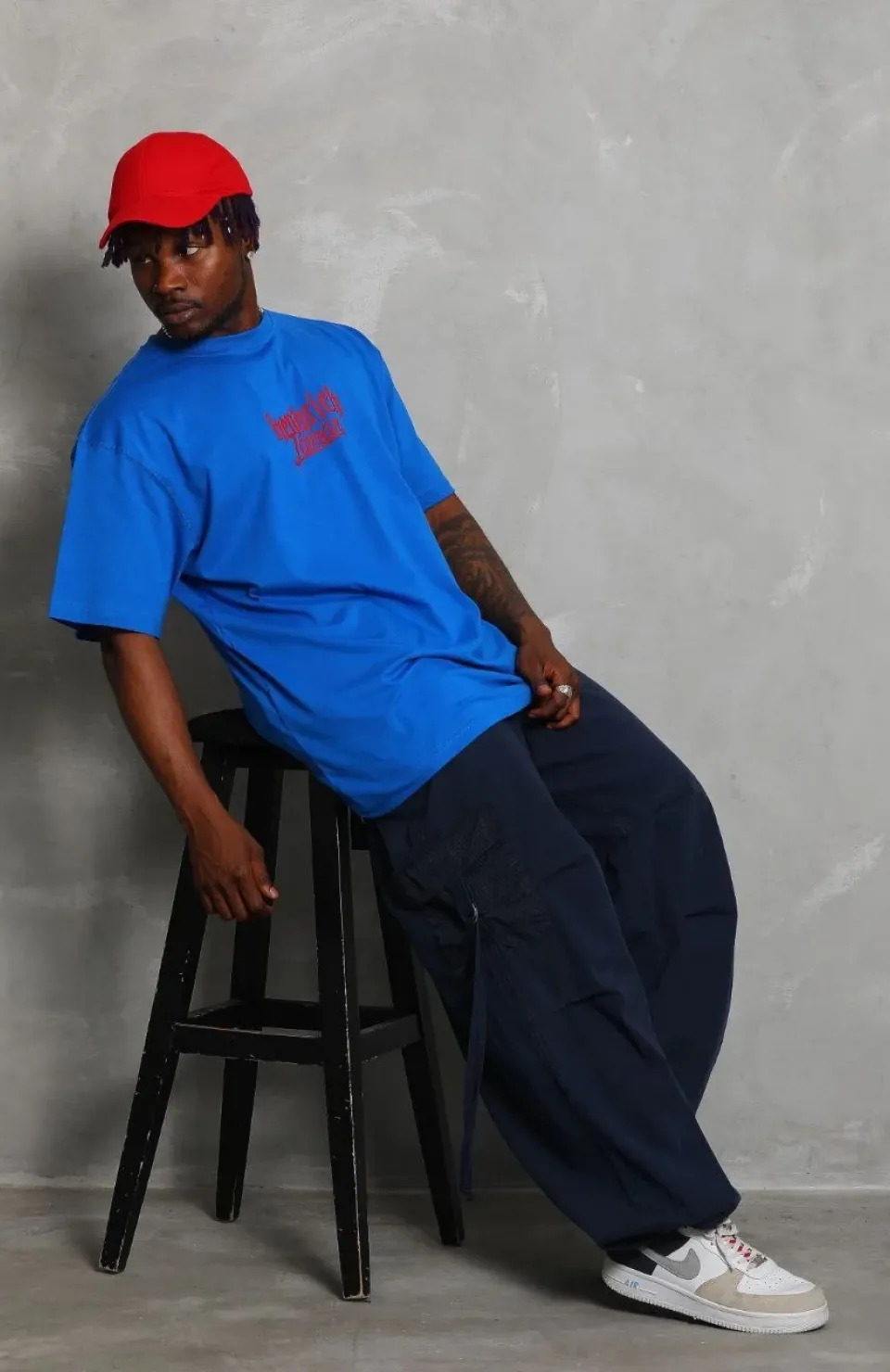 Unisex Oversize Baskılı Bisiklet Yaka T-Shirt - Mavi