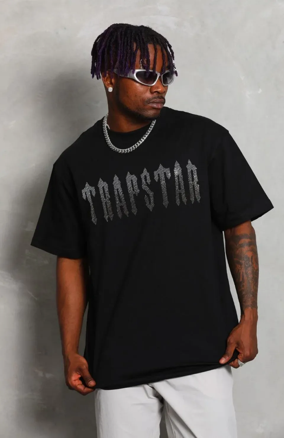 Unisex Oversize Taşlı Bisiklet Yaka T-Shirt - Siyah