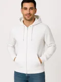 Erkek Üç İplik Kapüşonlu Tam Fermuarlı Kanguru Cepli SweatShirt Hoodie - Beyaz