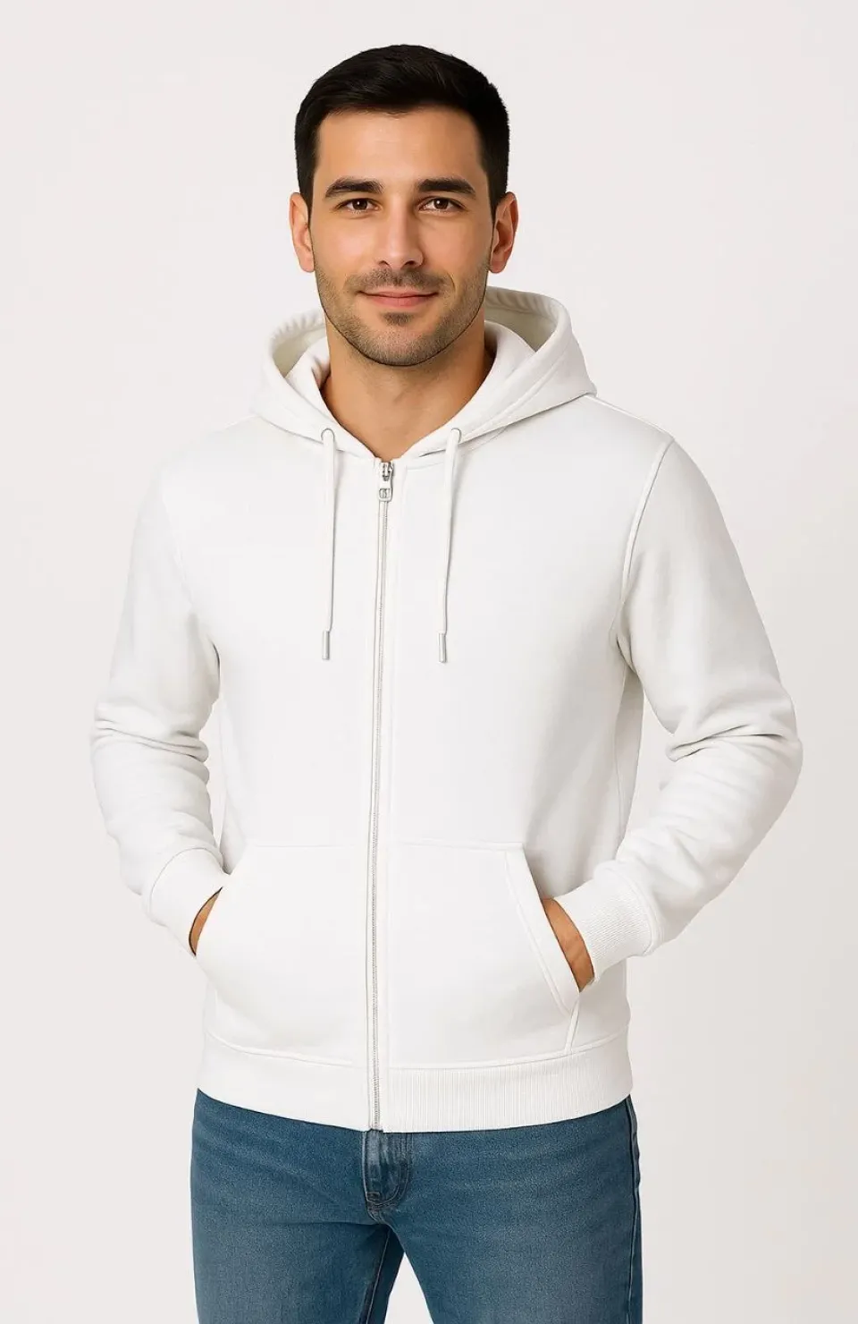 Erkek Üç İplik Kapüşonlu Tam Fermuarlı Kanguru Cepli SweatShirt Hoodie - Beyaz
