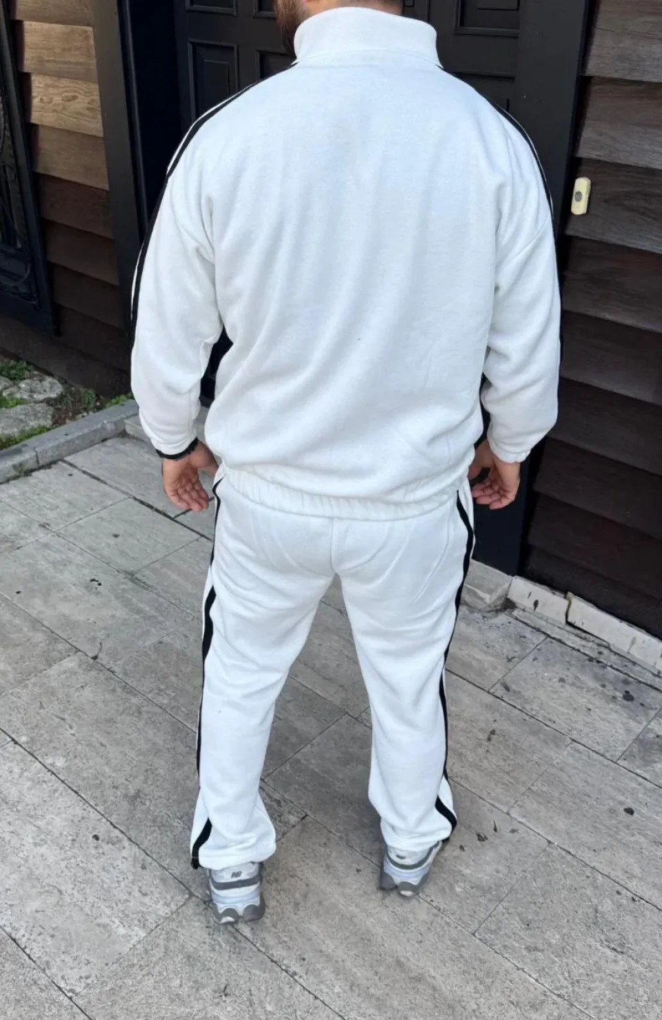 Erkek Çift Şeritli Eşofman Takım Dik Yaka Fermuarlı Sweatshirt Boru Paça Alt, Oversize 3 iplik Pamuklu - Beyaz