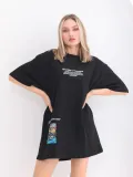 Unisex Bisiklet Yaka Baskılı Oversize T-Shirt - Siyah