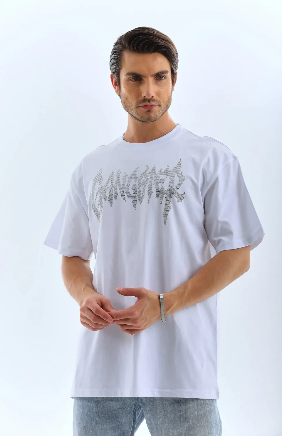 Unisex Oversize Taşlı Bisiklet Yaka T-Shirt - Beyaz