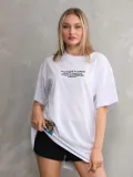 Unisex Bisiklet Yaka Baskılı Oversize T-Shirt - Beyaz