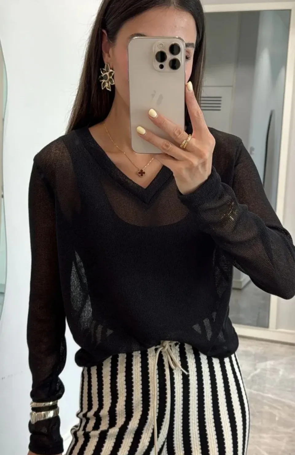 V Yaka uzun Kollu Triko ince Bluz - Siyah