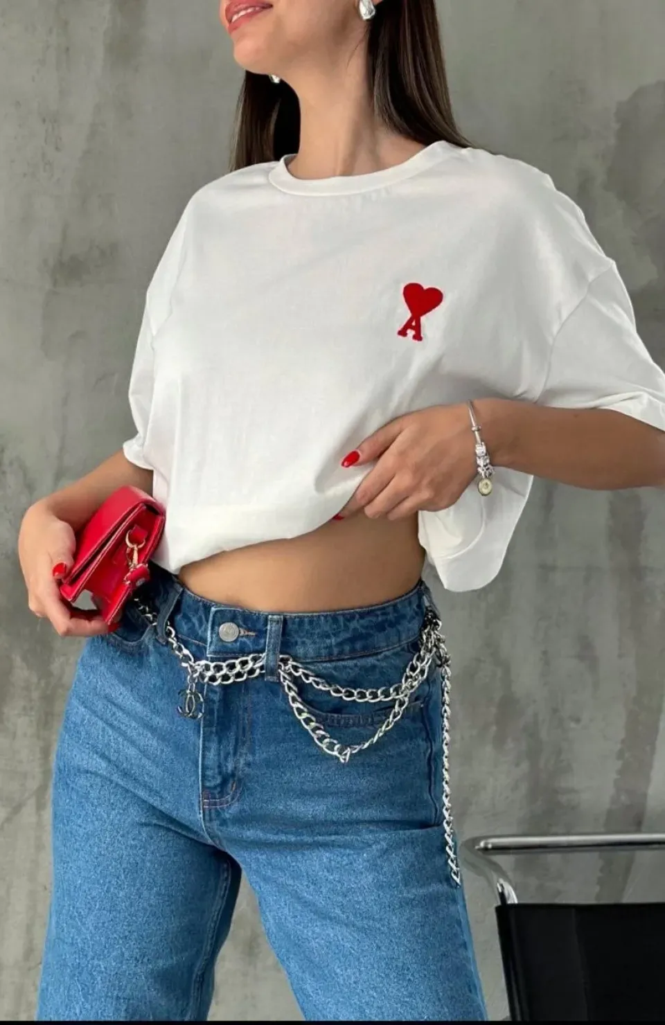 Unisex Bisiklet Yaka Baskılı Oversize T-Shirt - Beyaz