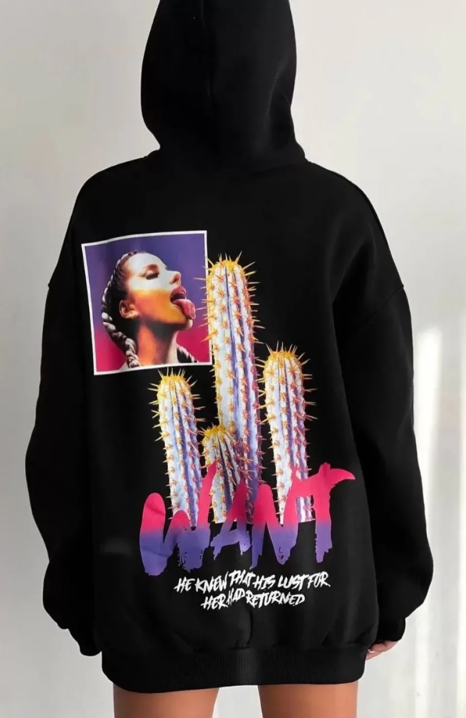 Baskılı Üç İplik Kapüşonlu Oversize Sweatshirt - Siyah