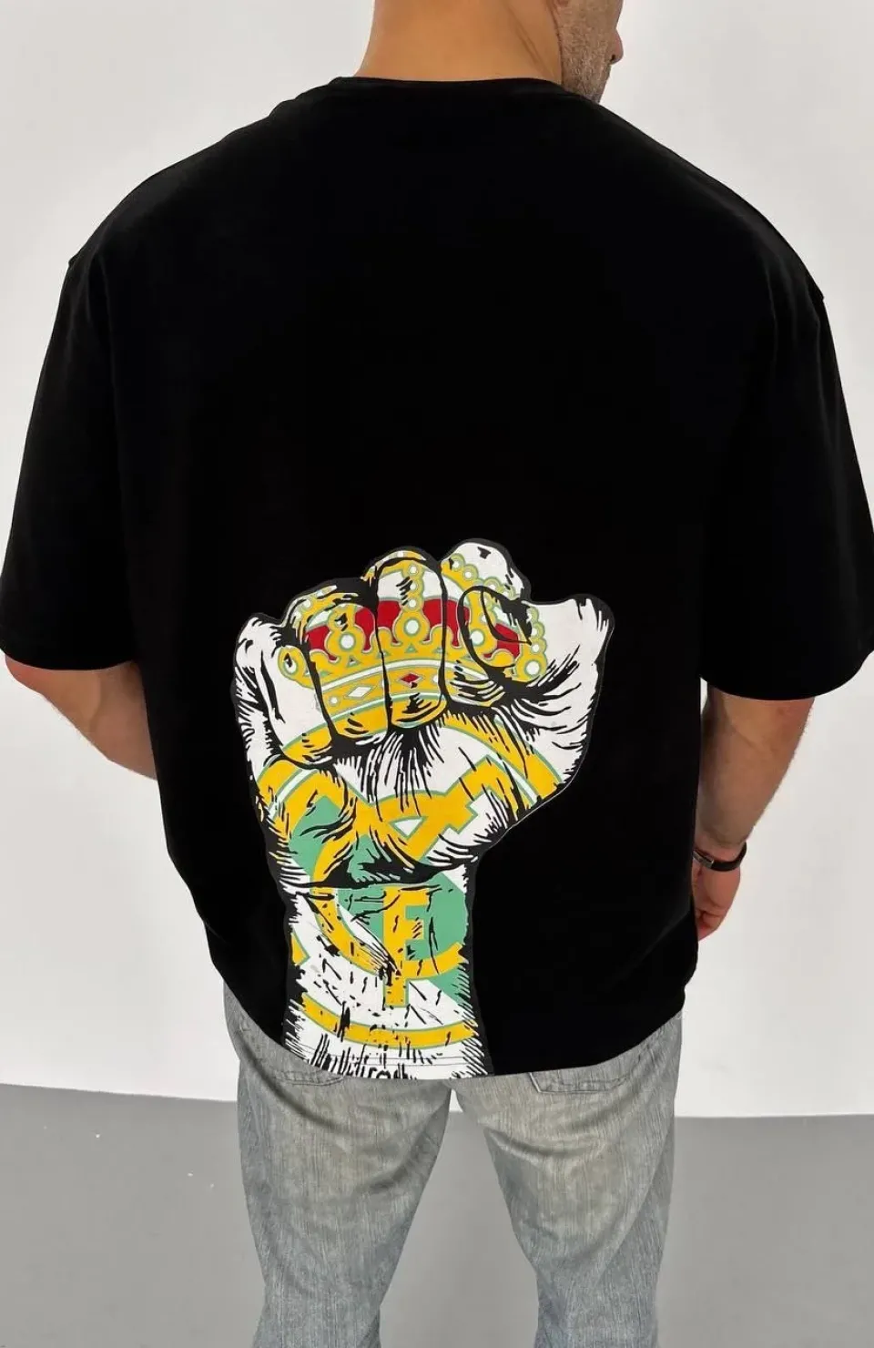 Unisex Bisiklet Yaka Baskılı Oversize T-Shirt - Siyah