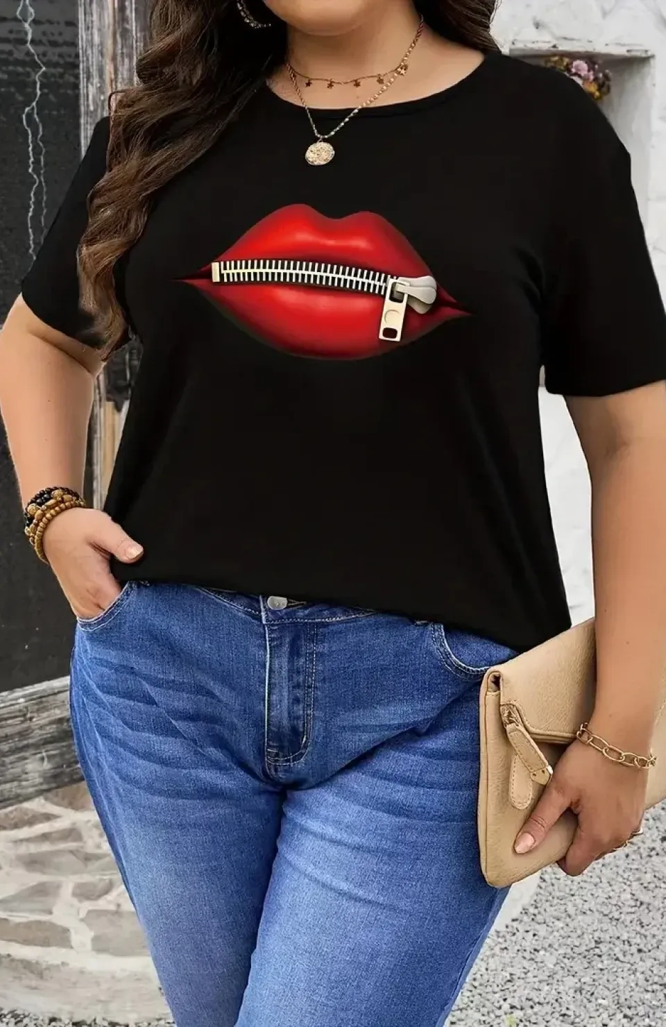 fermuar dudak baskılı tişört bisiklet yaka kısa kollu tişört - Siyah