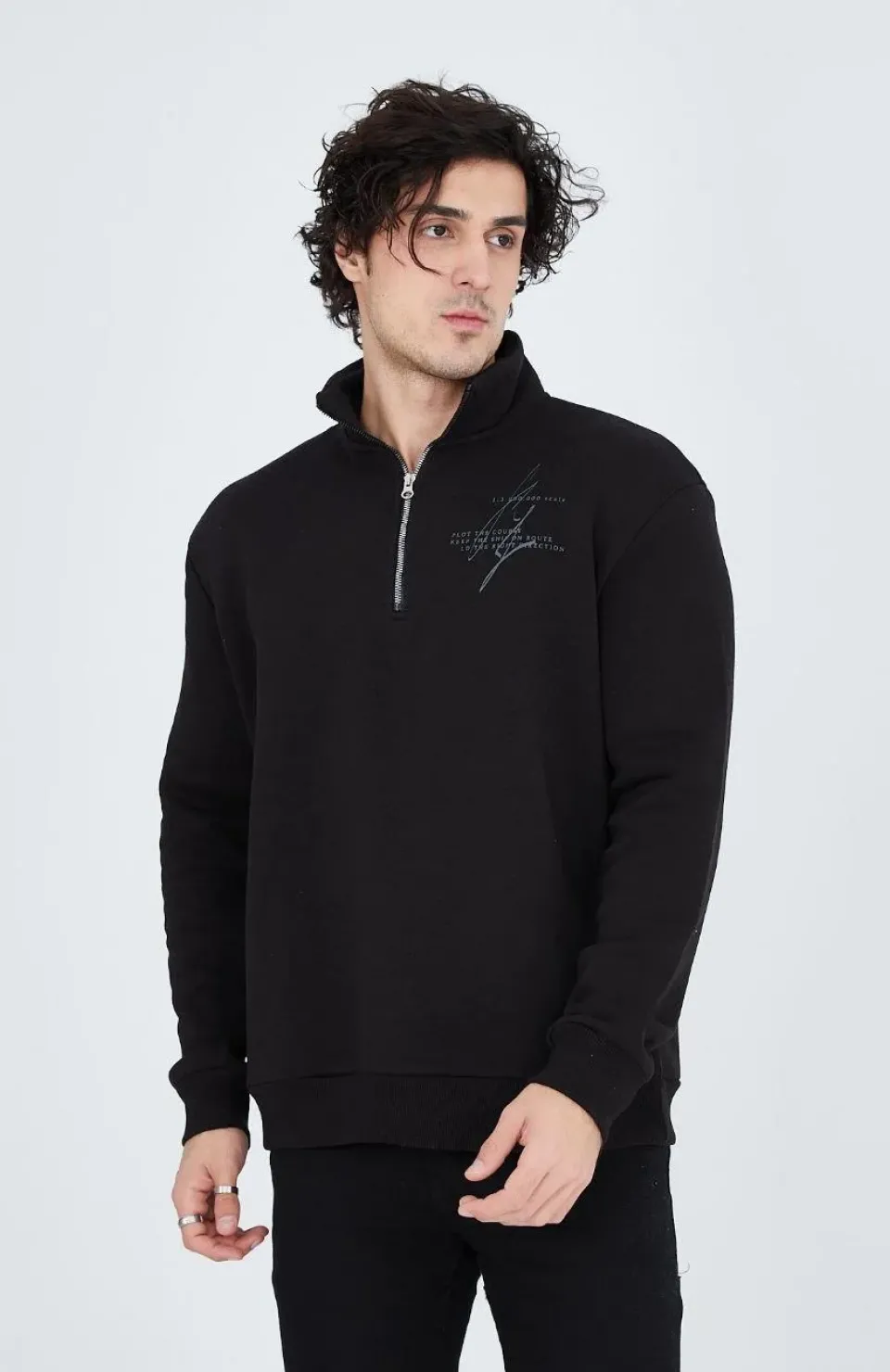Erkek Yarım Fermuarlı Baskılı Sweat - Siyah Somersan Giyim | Kadın, Erkek ve Çocuk Moda