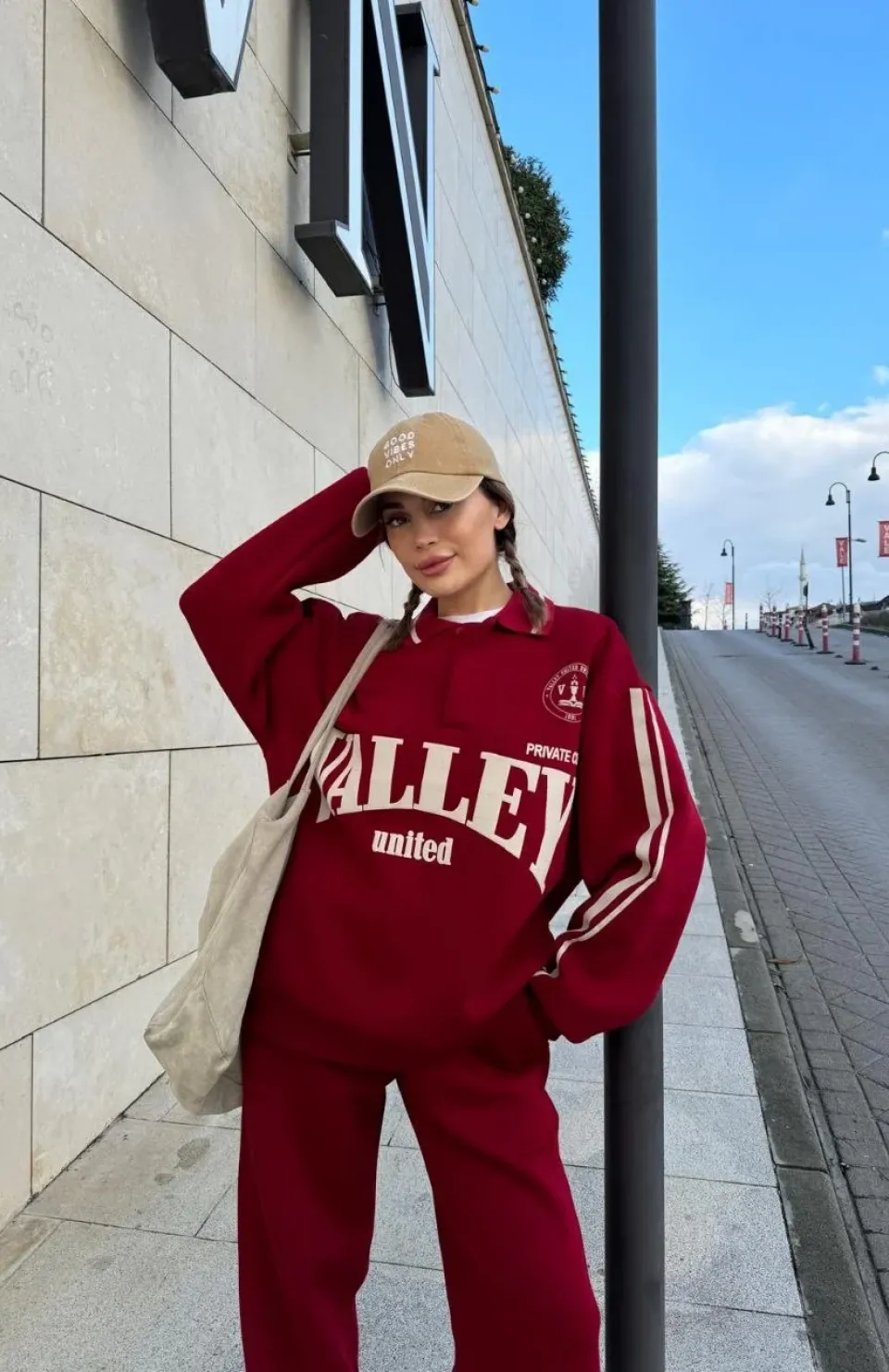 Üç İplik Yakalı Sweat Baggy Pantalonlu Takım - Bordo