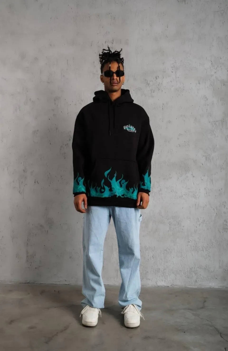 Erkek Üç İplik İçi Pamuklu Alev Baskılı Kapüşonlu Sweatshirt - Siyah Somersan Giyim | Kadın, Erkek ve Çocuk Moda