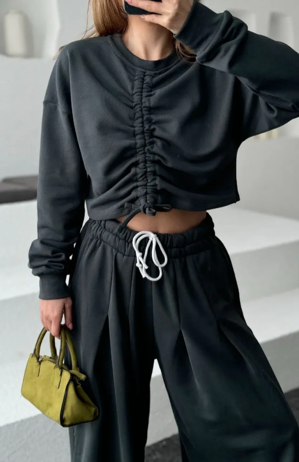 Uzun Kollu Önü İp Büzgülü Crop ve Pantolon İkili Takım - Antrasit