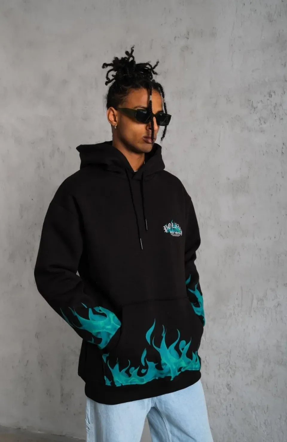 Erkek Üç İplik İçi Pamuklu Alev Baskılı Kapüşonlu Sweatshirt - Siyah Somersan Giyim | Kadın, Erkek ve Çocuk Moda