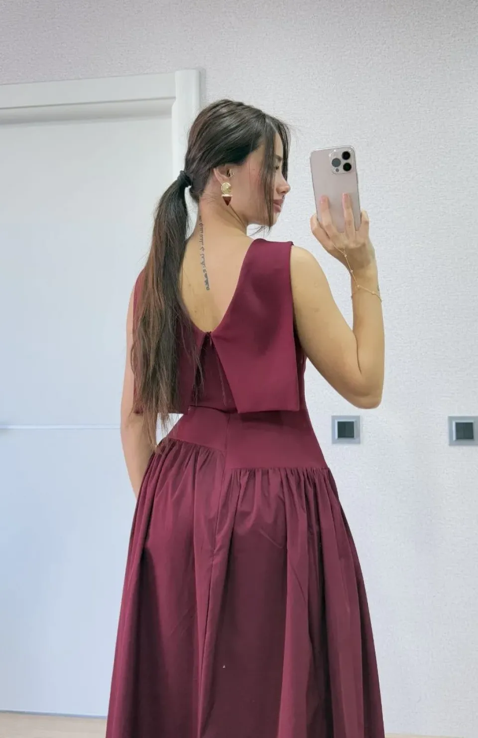 Krep Arkası Kanat Arka Ön Pens Detaylı Uzun Kadın Elbise - Bordo